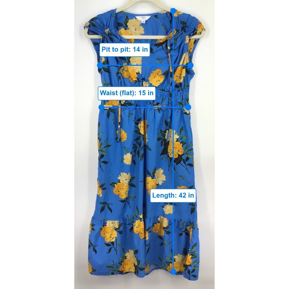 Time and Tru Blue Yellow Floral Sleeveless Dress w/ Pockets Tiered Hem Size M (8 - Picture 8 of 9
